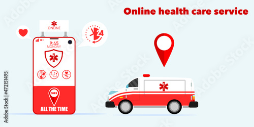 Online health care service. Health measurement with mobile app on smartphone. Flat design vector illustration