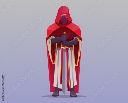 Ancient warrior, medieval knight, heraldic soldier with sword, guard with blade in long robe and red cape covering his eyes, royal fighter cartoon character, game or book personage Vector illustration