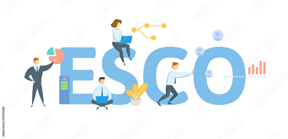 ESCO, Energy Service Company. Concept with keyword, people and icons. Flat vector illustration. Isolated on white. ESCO, Energy Service Company. Concept with keyword, people and icons. Flat vector illustration. Isolated on white.