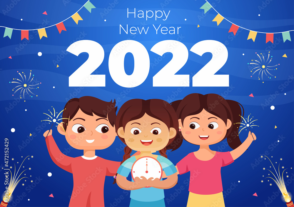Naklejka premium Happy New Year 2022 Template Flat Design Illustration with Ribbons and Confetti on a Colorful Background for Poster, Brochure or Banner