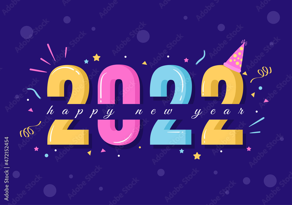 Fototapeta premium Happy New Year 2022 Template Flat Design Illustration with Ribbons and Confetti on a Colorful Background for Poster, Brochure or Banner