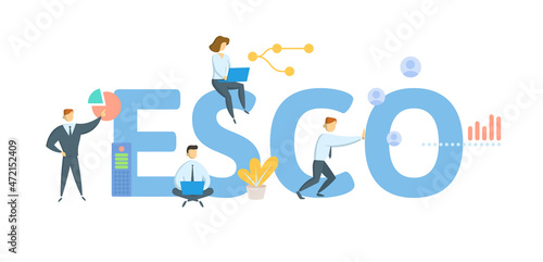 ESCO, Energy Service Company. Concept with keyword, people and icons. Flat vector illustration. Isolated on white.