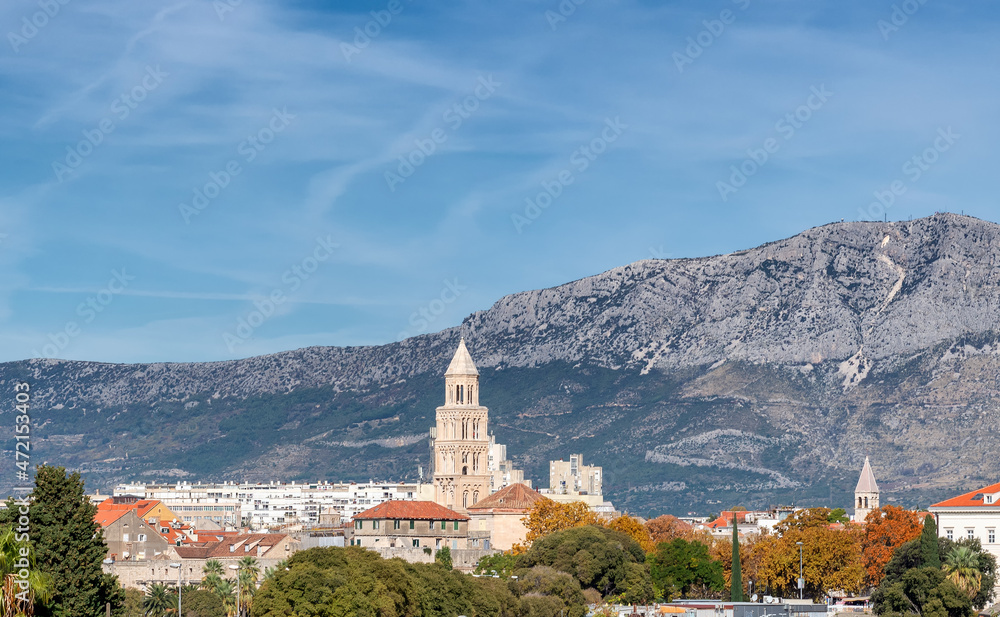 Old town Split skyline with the Diocletian's Palace and mountains in Split, Croatia
