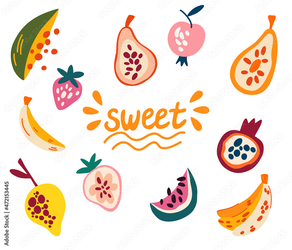 Fruit Set. Pear, papaya, strawberry, bananas, pomegranate, peach and watermelon. Collection of various ripe juicy summer fruits. Healthy food. Vector hand draw illustration.