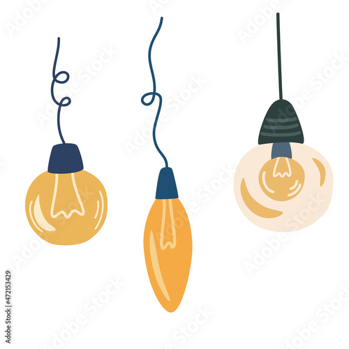 Loft style lamps. Set of different lamps. Furniture chandelier. Modern loft style. Creating an interior. Flat cartoon style. Vector illustration