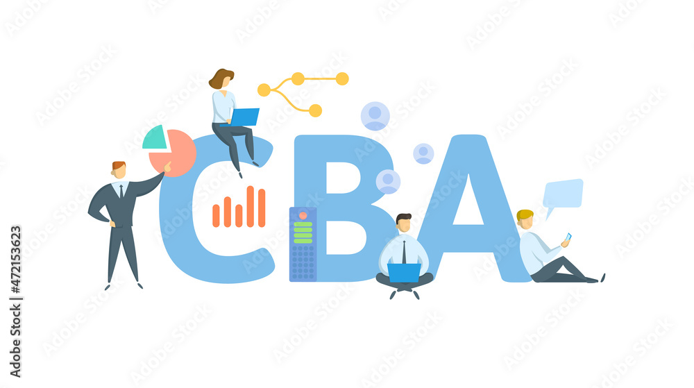 CBA, Cost-benefit Analysis. Concept with keyword, people and icons. Flat vector illustration. Isolated on white. CBA, Cost-benefit Analysis. Concept with keyword, people and icons. Flat vector illustration. Isolated on white.