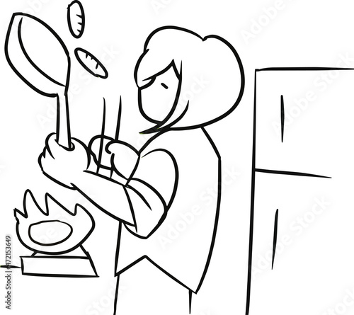 朝食を作る女性 白黒