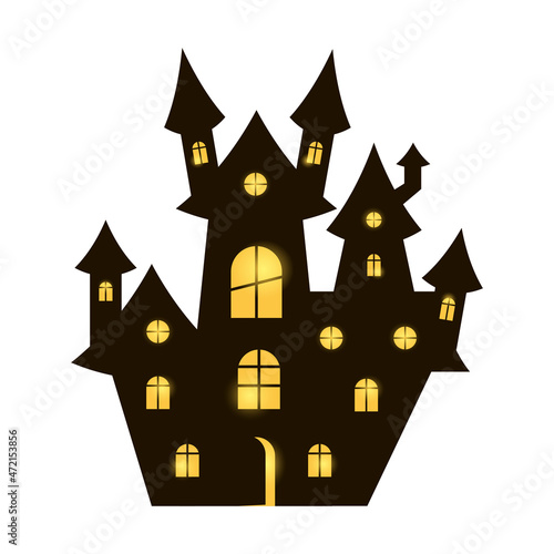 Scary castle with glowing windows isolated on white background. Halloween element.
