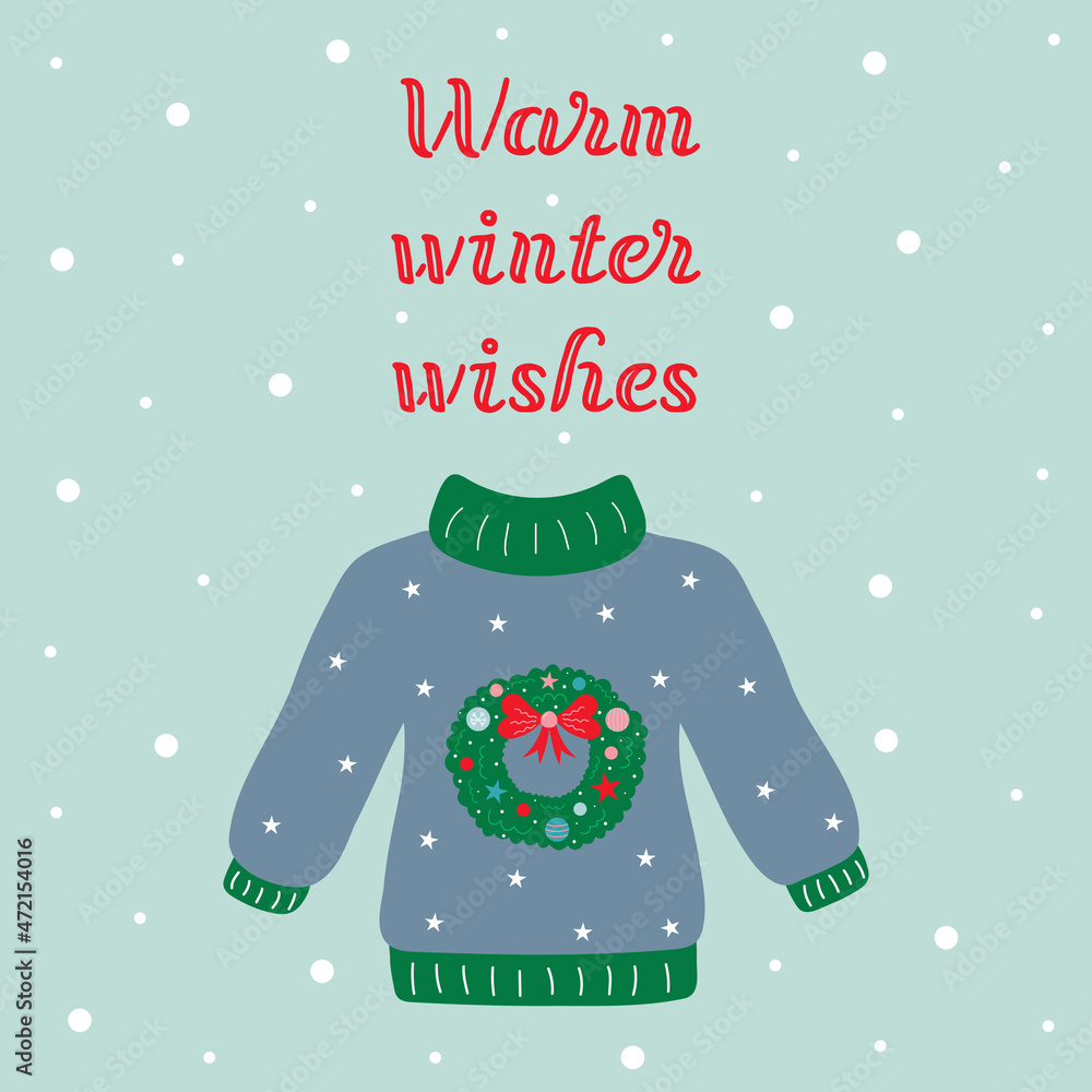 Obraz Ciepłe zimowe życzenia z napisem i dzianinowym swetrem z bożonarodzeniowym wieńcem. Kartka z życzeniami.