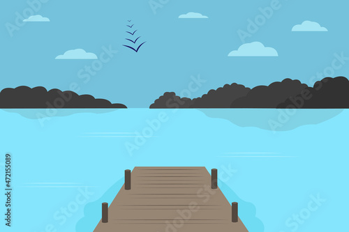 Natural Forest Landscape with Blue Sea, Clouds and Birds Flying in the Sky