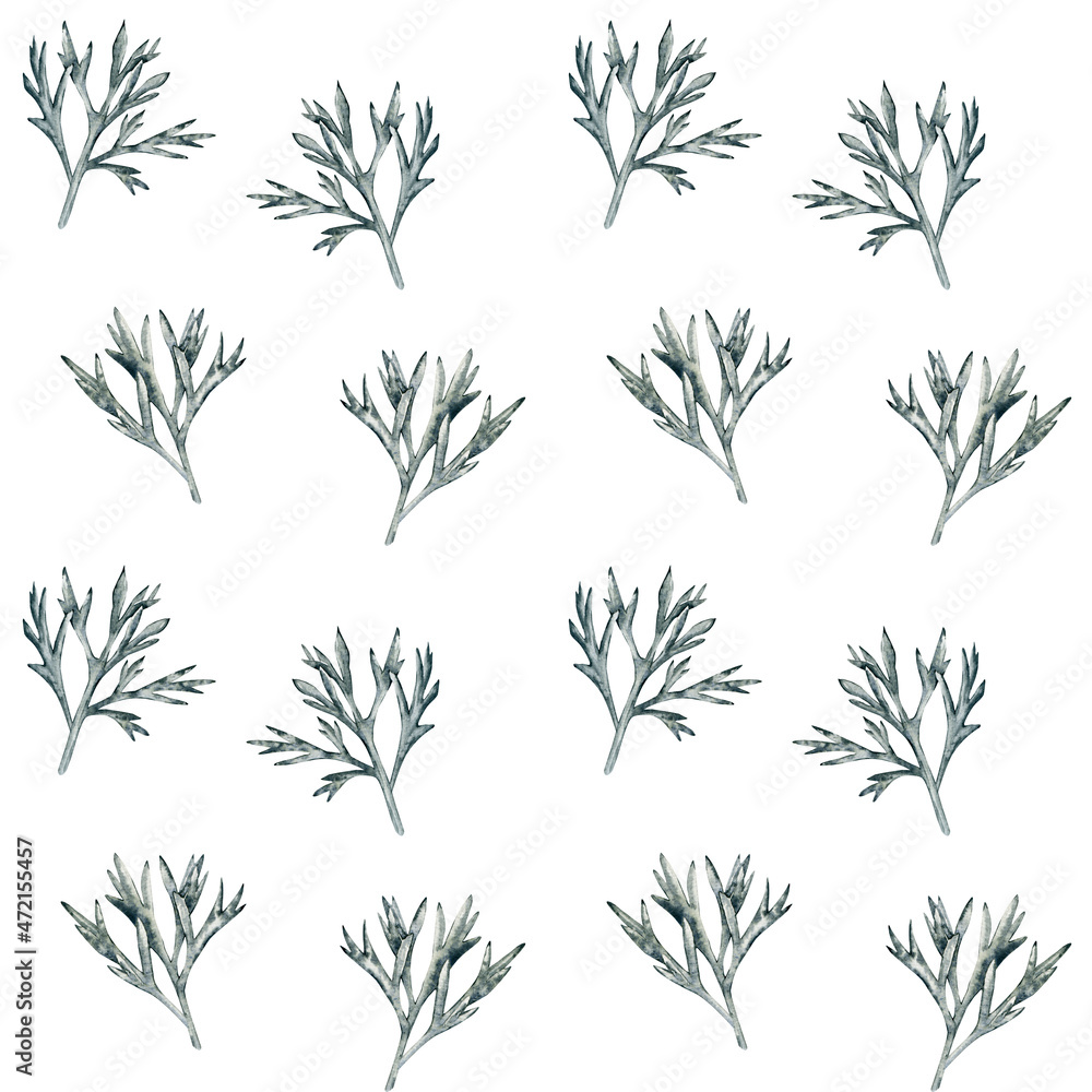 Gray twigs Seamless watercolor pattern isolated on white background. Hand-drawn botanical background. Texture for fabric, paper, packaging.