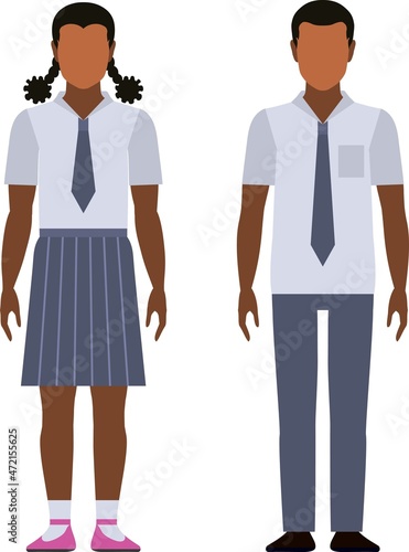 African American junior high school kids in full length on white background. Black schoolgirl and schoolboy flat vector illustration