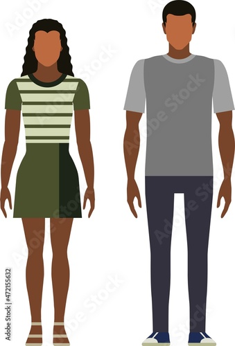 African American students in full length on white background. Flat vector illustration
