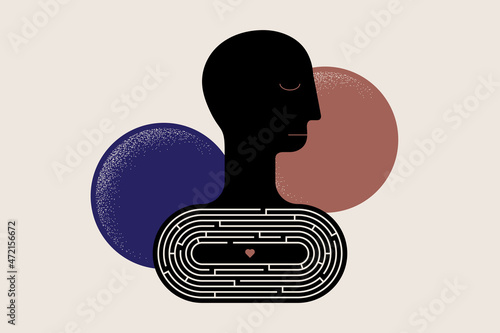 Difficult way to finding true love. Getting inside, getting closer to someone, feeling lonely. Abstract human head with maze and heart symbol. Vector illustration