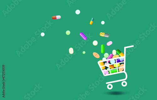 vector many multicolored pills and pills flying into the basket, medication shopping concept