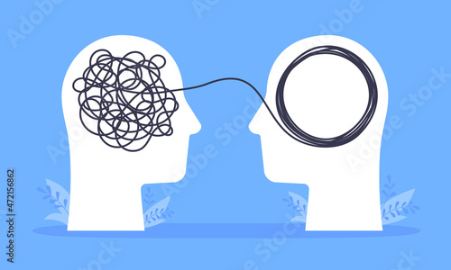 Psychologist consulting or mental problem solving brainstorm concept. Human heads with tangled chaos disorder turns into order line, finding solution. Coach, mentoring psychotherapy. Complex to simple