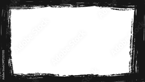 Black grunge frame for stories and social network media 16 9. Template with brush stroke. Rectangular border with grunge overlay. Vector illustration isolated on white background.