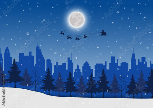 Santa Claus coming to city on winter night background