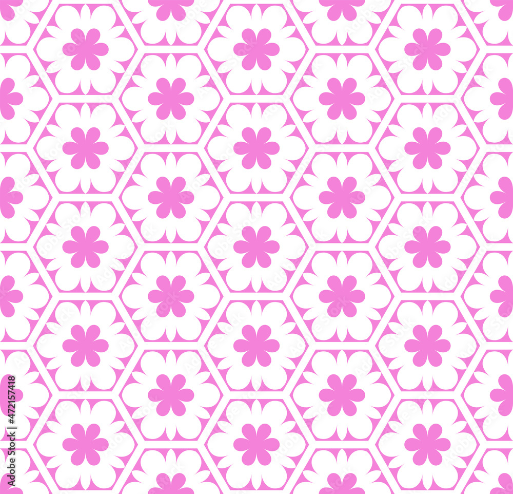 Seamless pink hexagons and flowers pattern. Abstract floral texture. Seamless pink hexagons and flowers pattern. Abstract floral texture.