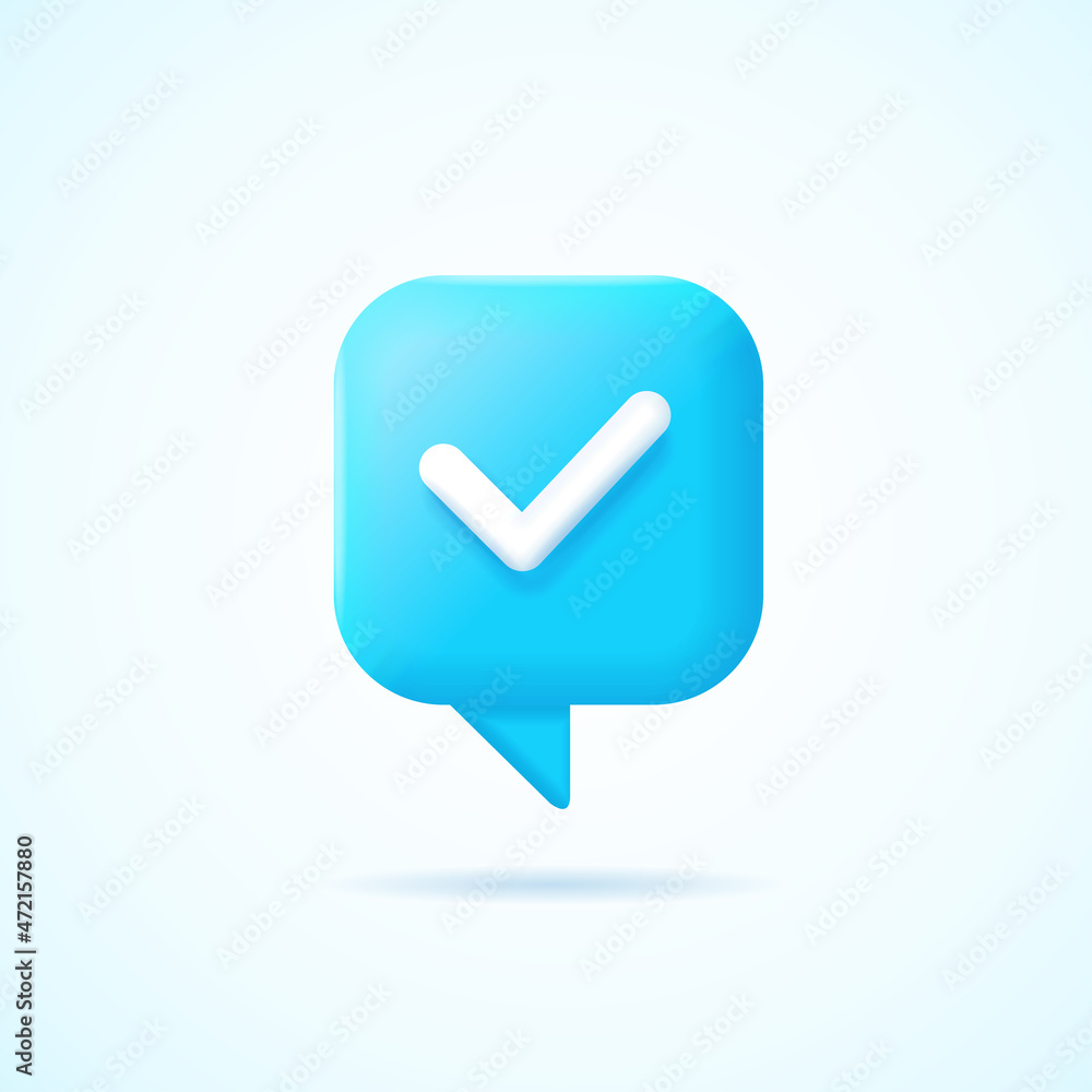 3d Speech Bubble Icon with Check Mark Cartoon Style. Vector 3d Speech Bubble Icon with Check Mark Cartoon Style. Vector