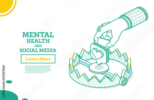 Isometric Outline Trap with Social Media Heart. Like Symbol. Vector Illustration.
