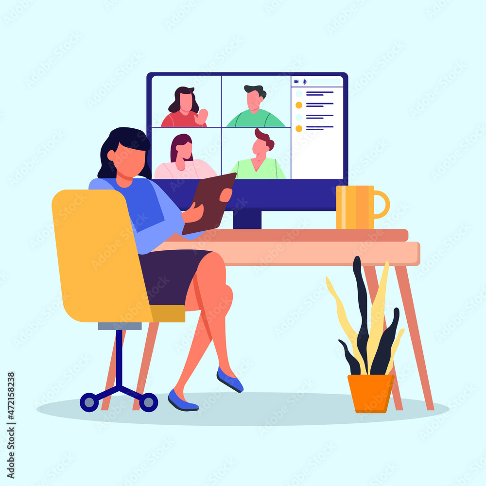 Female is online meeting with work colleague by social media platform. Presentation. Business. End year Presentation. Industrial. Vector colorful illustration. Female is online meeting with work colleague by social media platform. Presentation. Business. End year Presentation. Industrial. Vector colorful illustration.