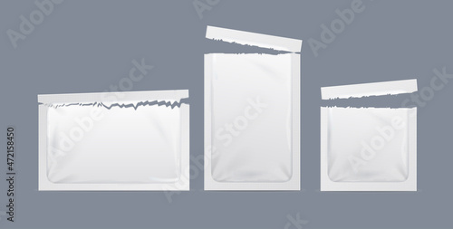 Realistic Detailed 3d White Paper Sachet Packets Set. Vector