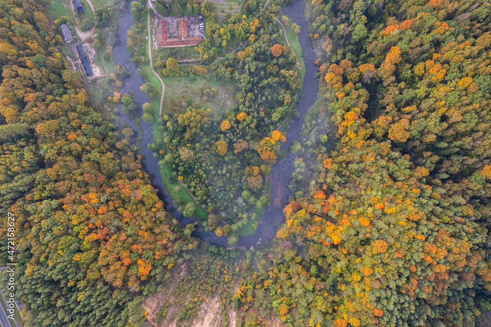 Aerial autumn fall sunrise view of foggy forest in Vilnius, Lithuania Aerial autumn fall sunrise view of foggy forest in Vilnius, Lithuania