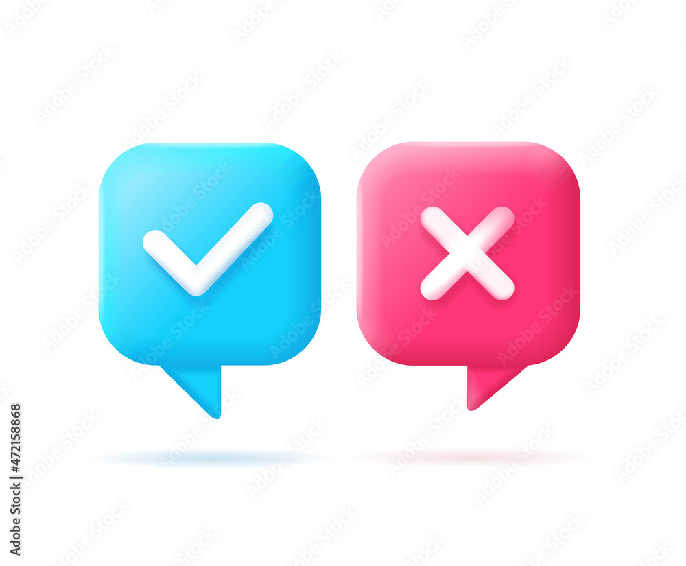 3d Speech Bubble Icons with Check Mark Cartoon Style. Vector 3d Speech Bubble Icons with Check Mark Cartoon Style. Vector