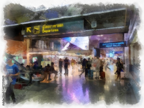 inside the airport watercolor style illustration impressionist painting. © Kittipong