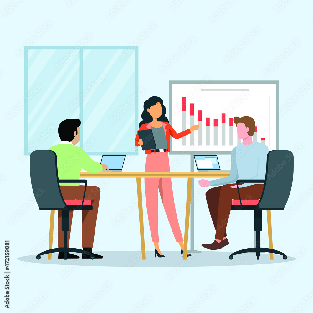 Female presentation about business target in front her boss while discussing about her program. Business. Work. Industry. End year presentation. Presentation. Vector colorful illustration. Female presentation about business target in front her boss while discussing about her program. Business. Work. Industry. End year presentation. Presentation. Vector colorful illustration.