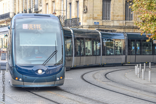 Bordeaux, France - 7 Nov, 2021: Public transport tram system in Bordeaux city centre, France, Europe