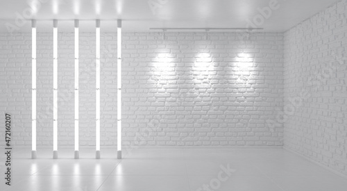 Abstract bright minimalistic background scene. White room with vertical neon lights and empty space for text. 3d render.