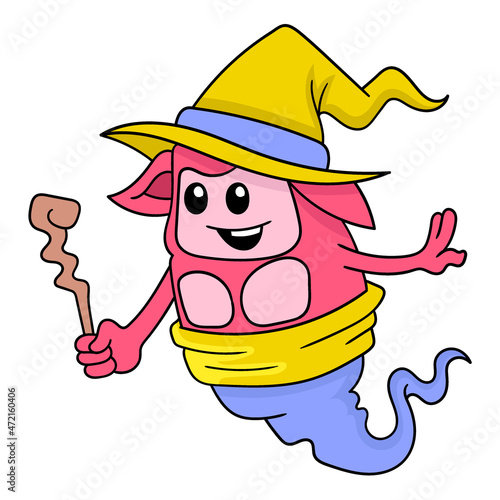 witch holding magic wand flying around, doodle icon image kawaii
