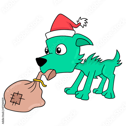 the dog is dragging the Christmas gift sack, doodle icon image kawaii