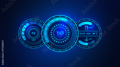 Futuristic HUD car speedometer. Vector scale of level gasoline, vehicle tachometer, car speedometer. Modern neon digital set of the isolated dashboard. Measuring speed, rpm technology illustration.