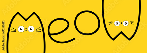 Black cat face head set. Two cute kittens. Meow lettering contour text. Cartoon character silhouette. Kawaii funny baby pet animal icon. Big eyes. Flat design. Yellow background. Isolated.