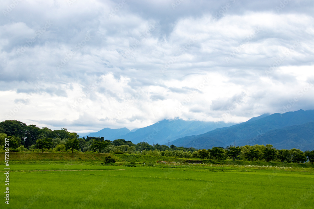 長野県伊那市の山々、夏の色を受けて青と緑に包まれる。