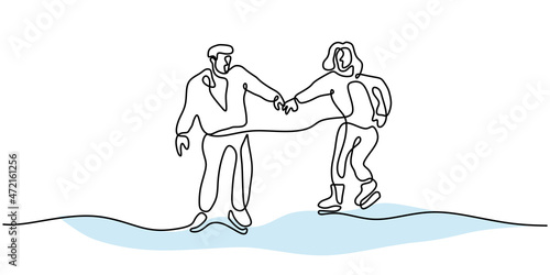 Continuous one line of mom and dad playing ice skating. Couple playing skate isolated on white background.