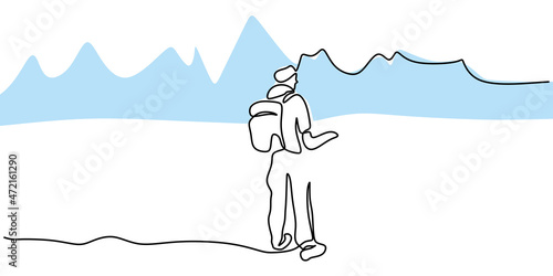 Continuous one line of a man hiking on ice mountain isolated on white background.