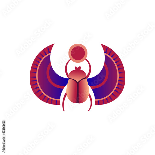 Egyptian scarab.Beetle with wings, sun from ancient Egypt art.  Cartoon vector illustration.