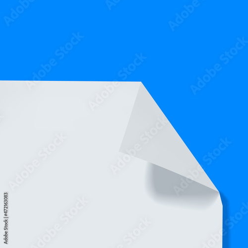 3D white paper with folded corner on bright blue background, paper.