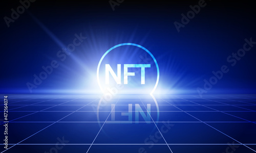 Concept banner NFT non fungible tokens on dark blue background. Retro style grid with glow rising above the plane of the grid. Vector illustration.