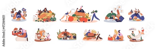 People with food concepts, eat, order and take photo. Culinary critics and foodies at tastings, barista with coffee and experts with organic products. Flat vector illustrations isolated on white
