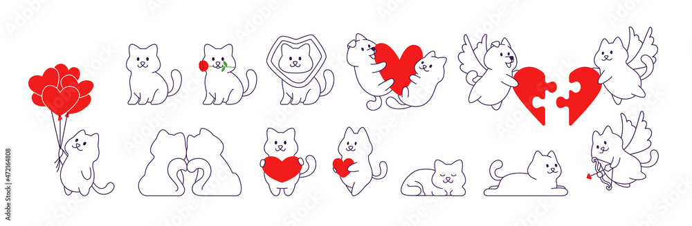 Cartoon cute cat and dog line style in different poses for valentine's day greeting card or sticker