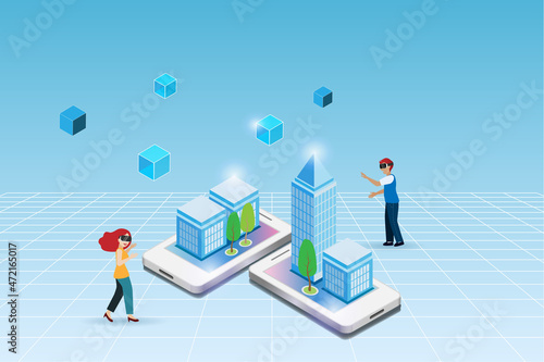 Metaverse, virtual reality and augmented reality technology. Man and woman wear VR glass experience 3D virtual reality on smartphone with blockchain and city buildings environment interface