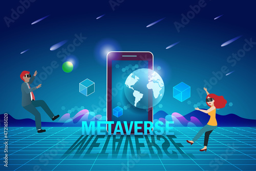 Metaverse, virtual reality technology, user interface 3D experience with smartphone and digital devices. Man and woman with VR headset glass online connecting to virtual space and universe.