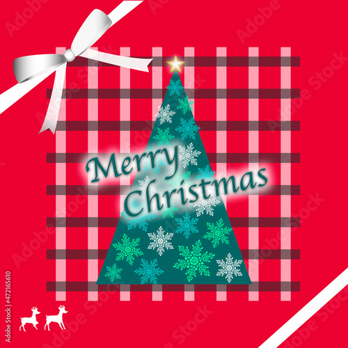 赤いチェックにクリスマスツリー、カード、 イラスト
