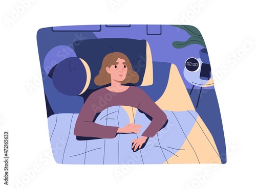 Woman suffering from insomnia in bed, lying at home bedroom at sleepless night. Awake, insomniac and tired person with bad sleep disorder. Concept of sleeplessness problem. Flat vector illustration