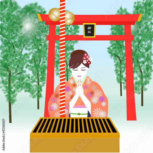 着物で神社お参り、 イラスト